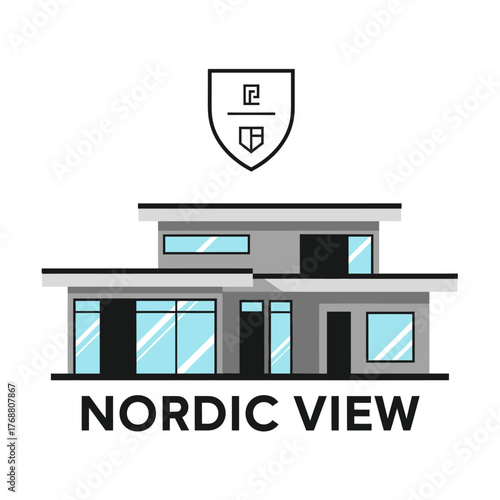 Modern architectural illustration of a two-story home, featuring geometric shapes and light blue windows