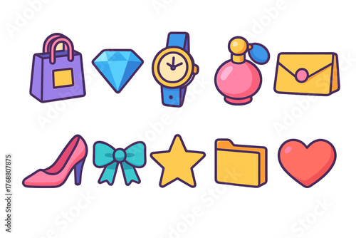 Shopping and fashion flat icon set. style, luxury, accessories, clothing icons collection