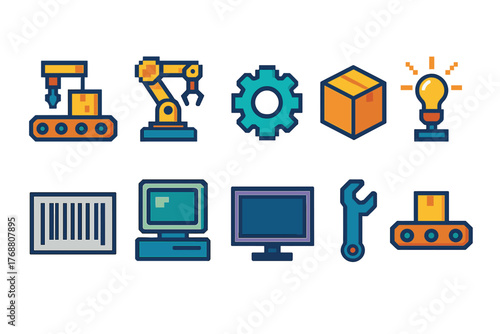 Industrial and manufacturing icon set. flat collection of equipment and tools icons