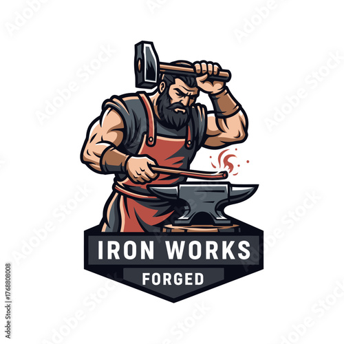 A burly blacksmith, with a beard and apron, hammers glowing metal on an anvil