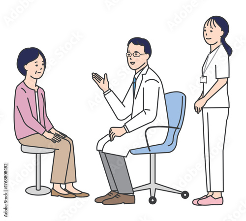 患者を診察する医者と看護師のシンプルイラスト素材