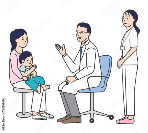 患者を診察する医者と看護師のシンプルイラスト素材