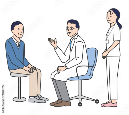 患者を診察する医者と看護師のシンプルイラスト素材