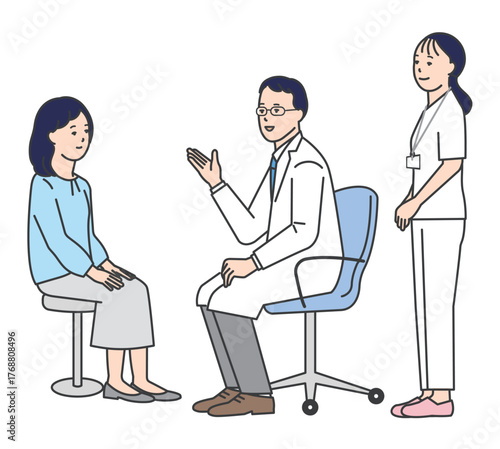 患者を診察する医者と看護師のシンプルイラスト素材