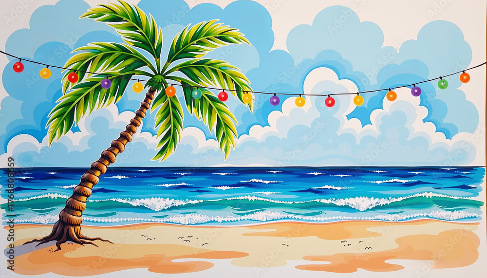 Obraz premium Cozy beach moment with palm tree tropical ocean illustration vibrant environment artistic viewpoint