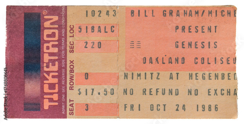 Obraz na plátně Oakland, California - October 24, 1986 - Old used ticket stub for Genesis live concert at the Oakland Coliseum for the Invisible Touch world tour