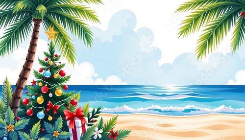 Cozy holiday moment by the beach christmas tree tropical paradise seaside vibrant colors