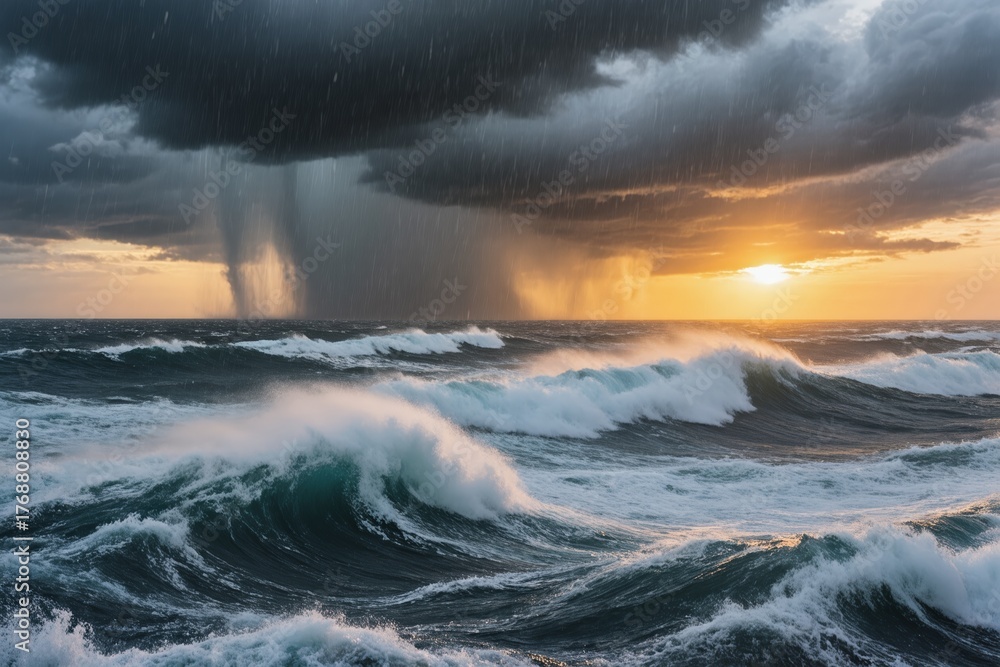 Fototapeta premium A truly captivating and breathtaking view of a stormy ocean scene at sunset, showcasing powerful waves and dark clouds