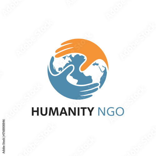 Symbol with a globe held by two pairs of hands, one orange, one blue. Text "HUMANITY NGO" below