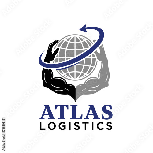 A logo design featuring a globe encircled by flexing arms and a curved arrow, with supporting text