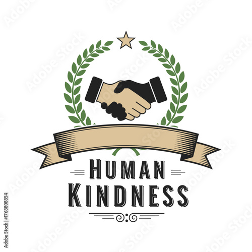 A logo design with hands shaking, a banner and the words HUMAN KINDNESS in bold letters