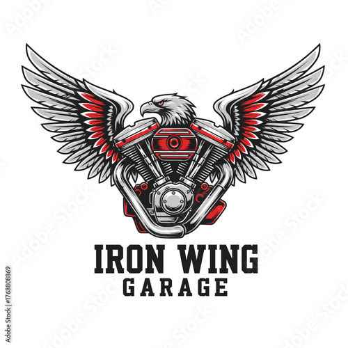 A motorcycle engine with eagle wings, red accents, and text in a logo design on a white background