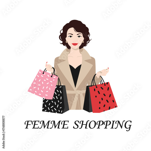 Fashionable woman depicted with three shopping bags, wearing a coat and a black top