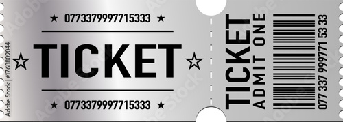 Vector silver ticket “Admit One”. A luxurious cinema or event ticket symbolizing celebration. Perfect for invitations, movie posters, festive designs, loyalty cards, or promotional materials.