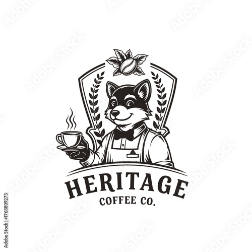 A smiling anthropomorphic canine barista offers coffee, framed by leaves, coffee beans, and text below