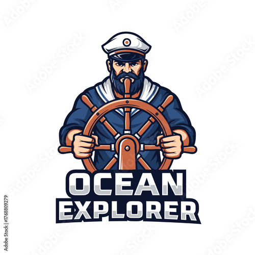 A burly sailor with a beard gripping a wooden ship's wheel. He wears a hat and uniform. Below is text