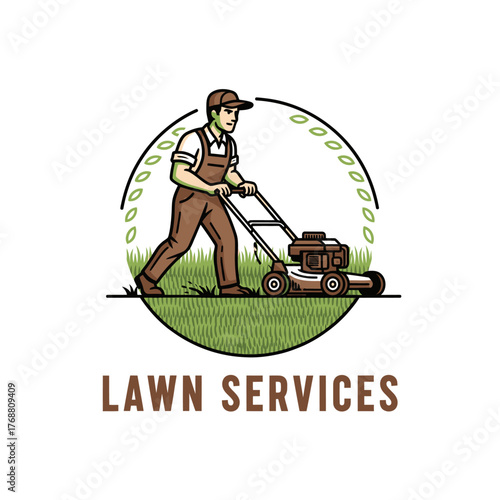 A cartoon-style illustration of a man mowing a lawn, with "Lawn Services" in text