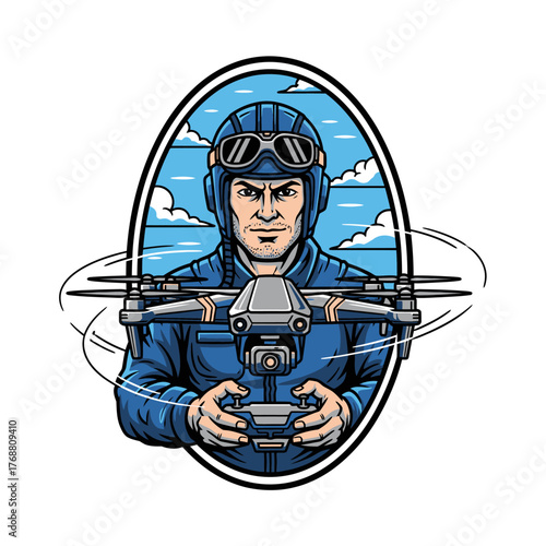 A pilot, wearing a helmet and goggles, holds a remote controlling a drone. Background with clouds