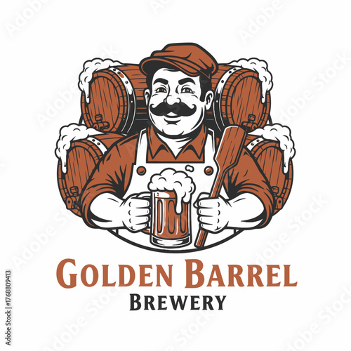 Brewery-themed illustration featuring a mustachioed man with beer and barrels