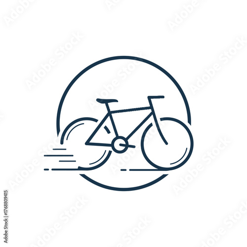 A simple, dark blue bicycle illustration, enclosed within a circle, showing motion lines