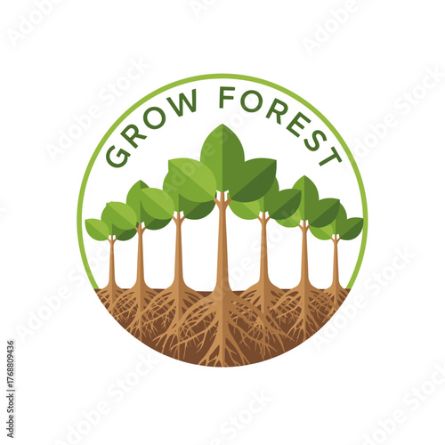 A circular illustration of stylized trees with exposed roots within a green-bordered circle