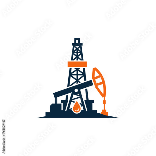 A graphic depiction of an oil rig and a pumpjack in a stylized minimalist illustration
