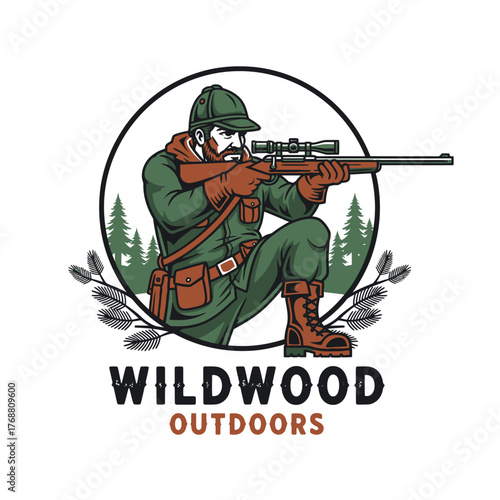 A hunter kneeling, aiming a rifle with scope, framed by forest elements, and encircled, on white