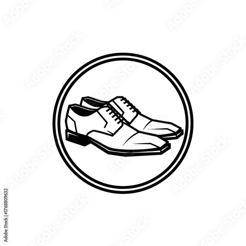 Stylized black and white drawing of two men's dress shoes, contained within a double-lined circle
