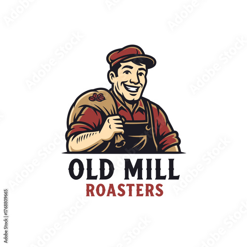 A smiling man, wearing overalls and a cap, carries a sack over his shoulder. Text below