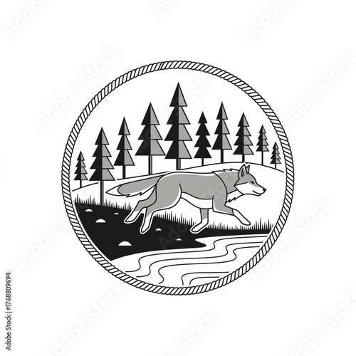 Circular emblem featuring a wolf running through a forest landscape, enclosed by a rope border