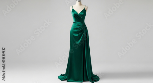 Elegant emerald green evening gown, perfect for prom or a special occasion, showcasing its luxurious fabric and design