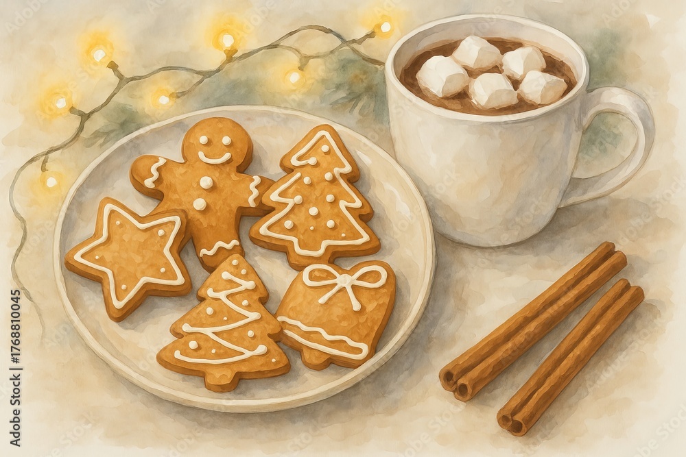 Fototapeta premium Christmas gingerbread cookies and hot cocoa with marshmallows illustration. concept of holiday treats, cozy winter, festive dessert.