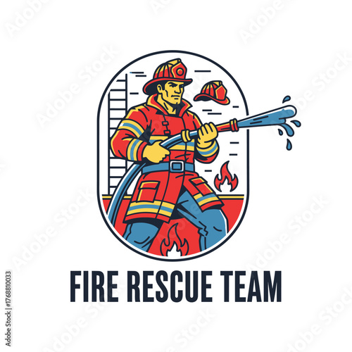 A cartoon-style illustration of a firefighter with a hose spraying water inside of an oval frame