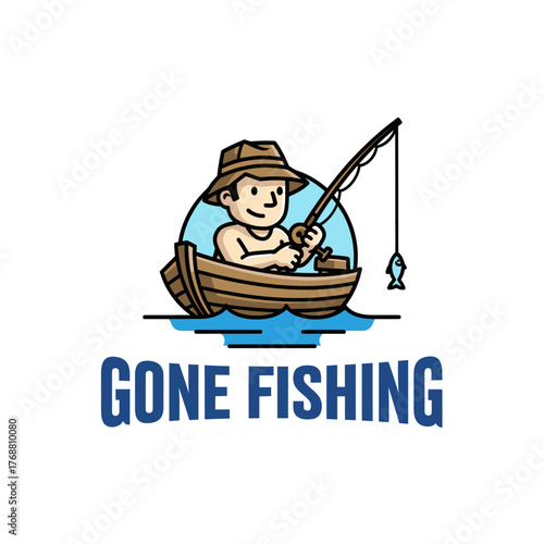 A cartoon fisherman in a boat with fishing rod and a caught fish, "GONE FISHING" text below