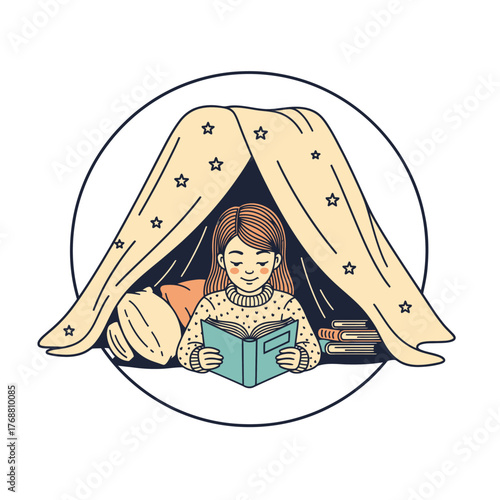 A young girl reads under a cozy tent with star decorations and a stack of books inside a circle