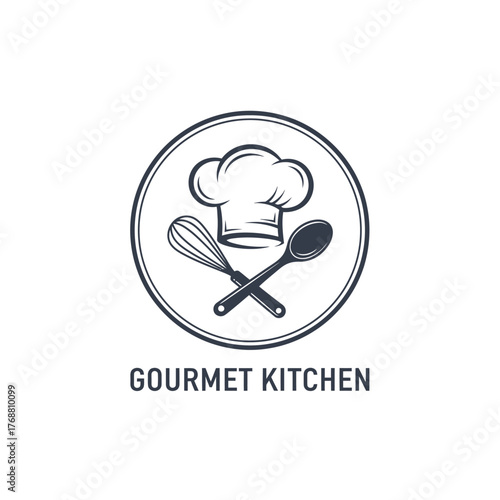 A cooking logo, round with chef hat, whisk, and spoon. Bold text "GOURMET KITCHEN