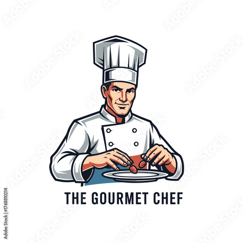 A cartoon chef in a white uniform and tall hat is arranging food on a plate