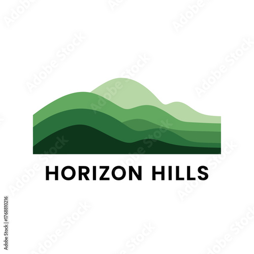 A layered green landscape illustration. Image features hills of varying shades atop text on a white backdrop