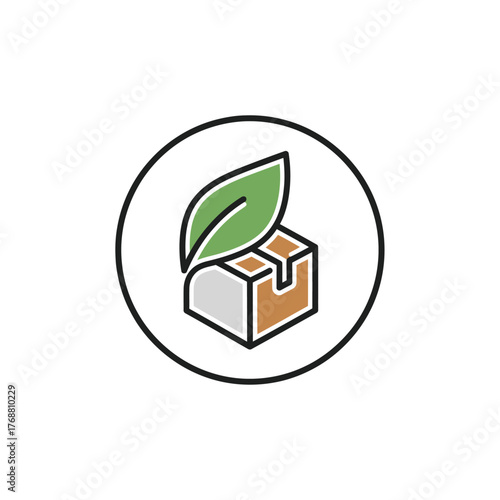 An environmentally conscious icon a green leaf atop a box contained within a circle