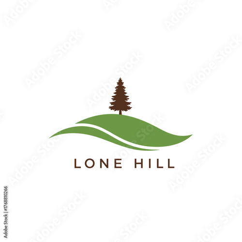 Stylized emblem featuring a lone pine tree atop rolling green hills, with text below