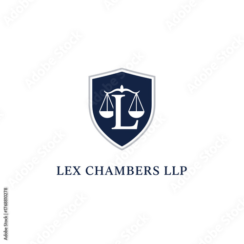 A legal firm's logo featuring a shield with scales and a letter "L" and the text "LEX CHAMBERS LLP