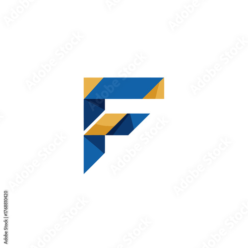 A geometric abstract image depicting the letter F in blue, gold and dark blue paper folds, on a white background