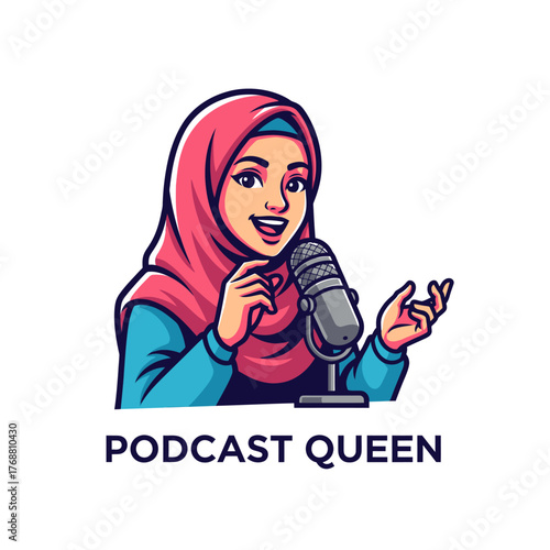 A smiling woman with a hijab is holding a microphone and talking, cartoon style