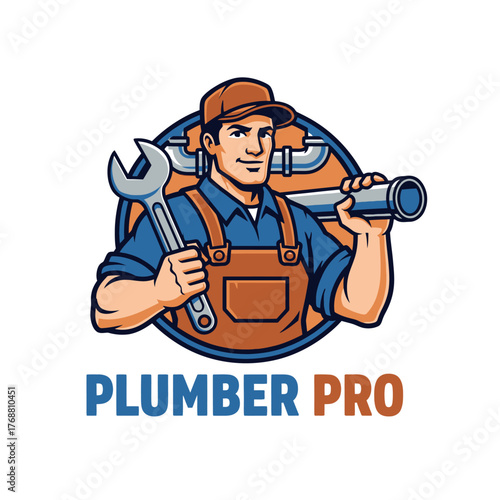 A smiling man in work clothes holds tools, with pipes behind him in a circle