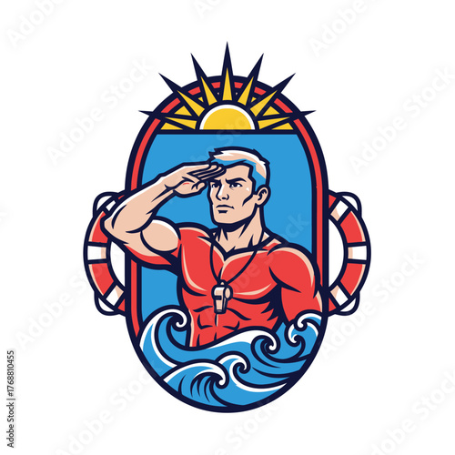 A lifeguard salutes under a sun, framed by life rings and waves, a symbol of water safety