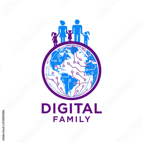 Stylized digital family representation, figures atop a circuit-board-illustrated globe. Text at the base