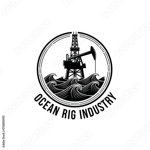 A monochrome illustration of an ocean oil rig design featuring a rig, waves, and a circular border