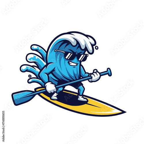 A wave cartoon character with sunglasses, paddling on a surfboard. Sporty, blue, white, and yellow colors
