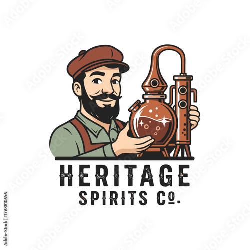 A vintage-style illustration of a man with a beard and a still