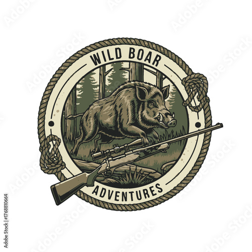 A wild boar illustration encircled in a rope-like frame, featuring forest, gun, and "ADVENTURES" text